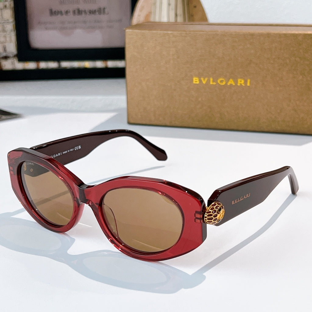 Bvlgari sunglasses with red frame and tan tinted lenses