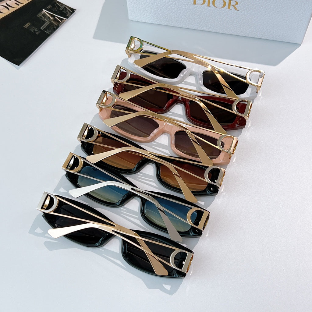 Dior sunglasses assortment, multiple colored frames with gold-tone accents and tinted lenses