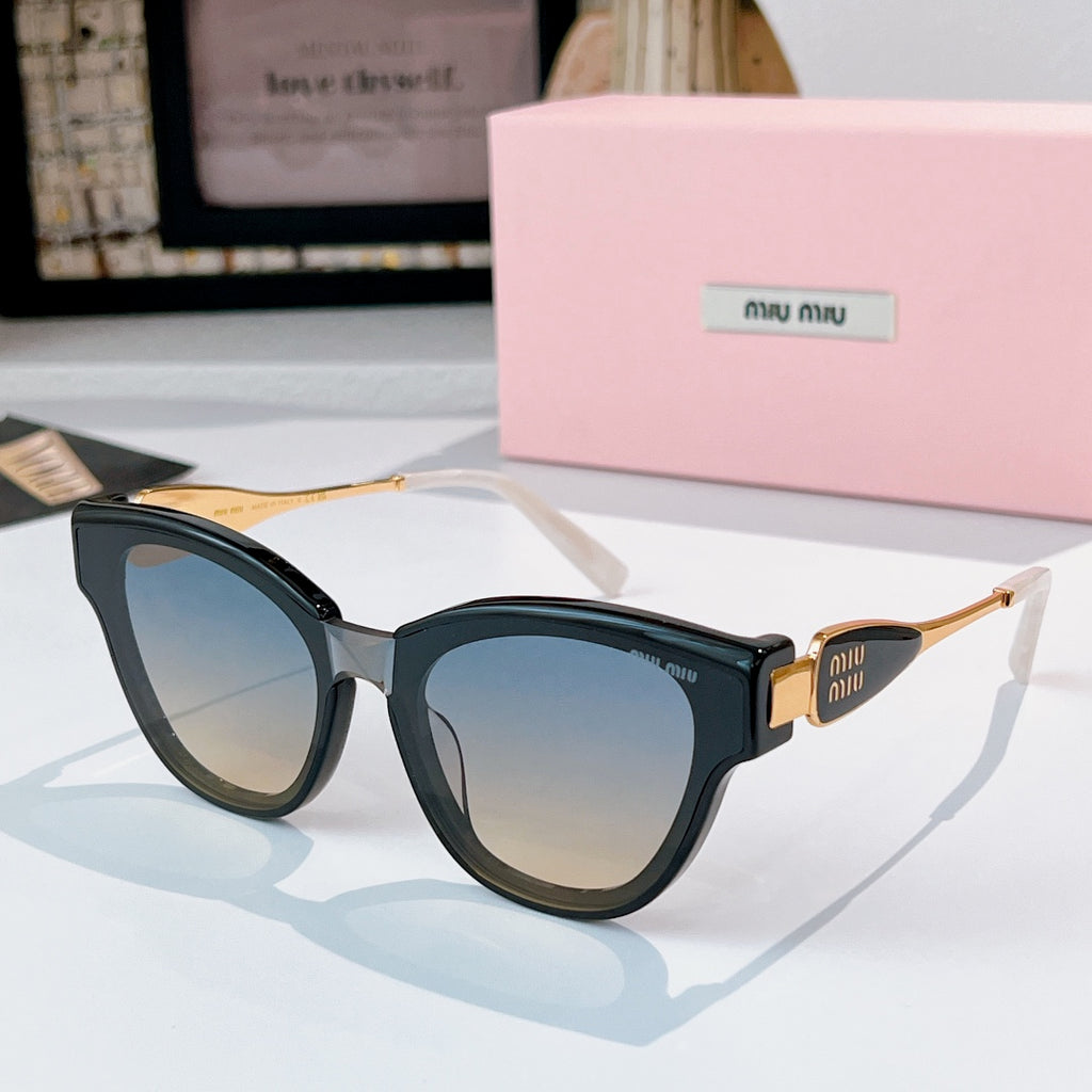 MiuMiu cat-eye sunglasses with teal-blue frames and gold-tone temples, tinted lenses