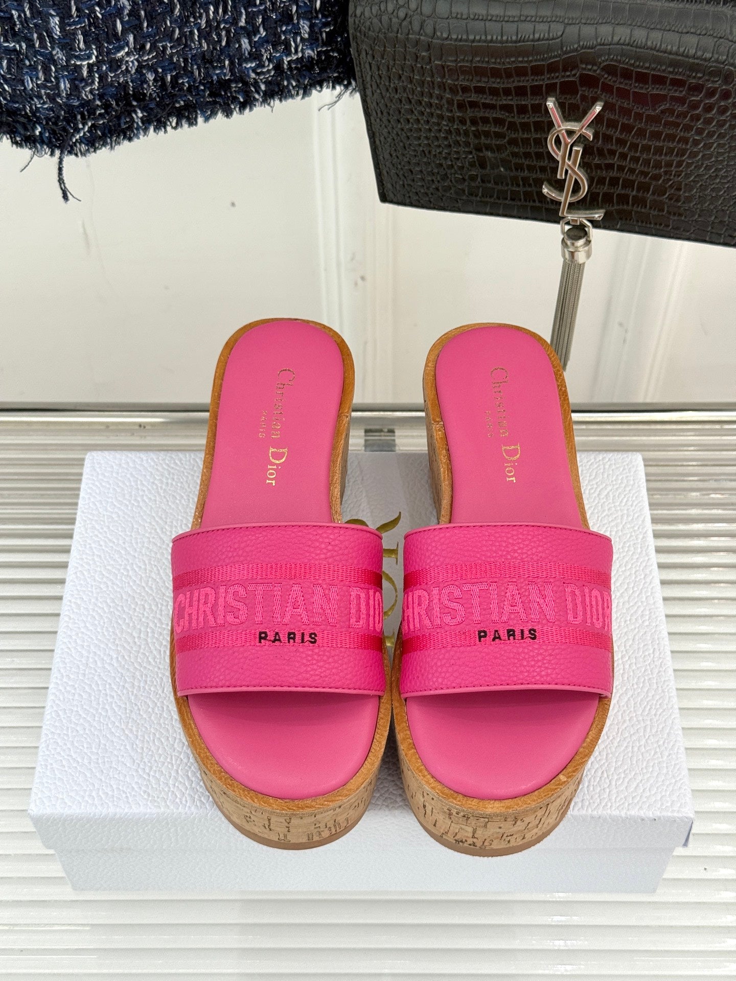 Pink Dior platform slide sandals, front view, wide strap on cork-look sole