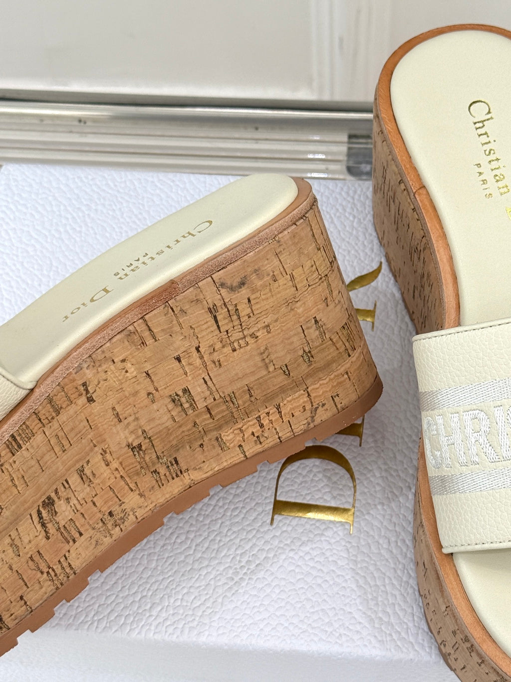 Dior platform slide sandal with cork platform sole and cream upper