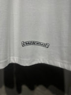 White T-shirt hem with small dark logo text