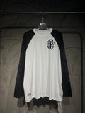White raglan long-sleeve shirt, black sleeves, crest graphic front