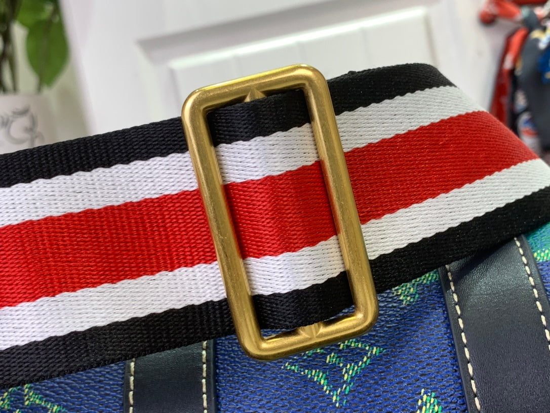 Louis Vuitton striped webbing strap with gold buckle on blue patterned bag