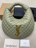 Sage green quilted hobo bag with gold YSL logo at front