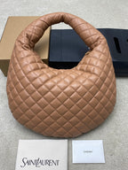 Quilted hobo bag, tan leather with gold YSL monogram, rounded shoulder handle