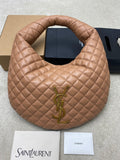 Quilted leather hobo bag with gold YSL monogram on front, tan finish