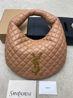 Quilted leather hobo bag with gold YSL monogram on front, tan finish