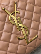 Gold YSL monogram hardware on tan quilted leather, stitched diamond pattern