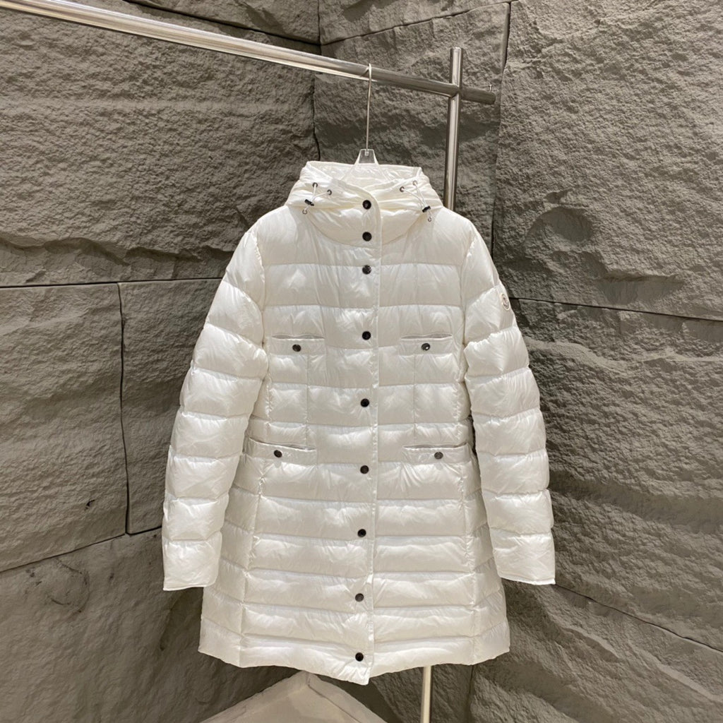 White hooded long puffer coat with quilted panels and button front