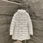 White hooded long puffer coat with quilted panels and button front