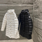 Hooded long puffer coat in black, quilted with button front