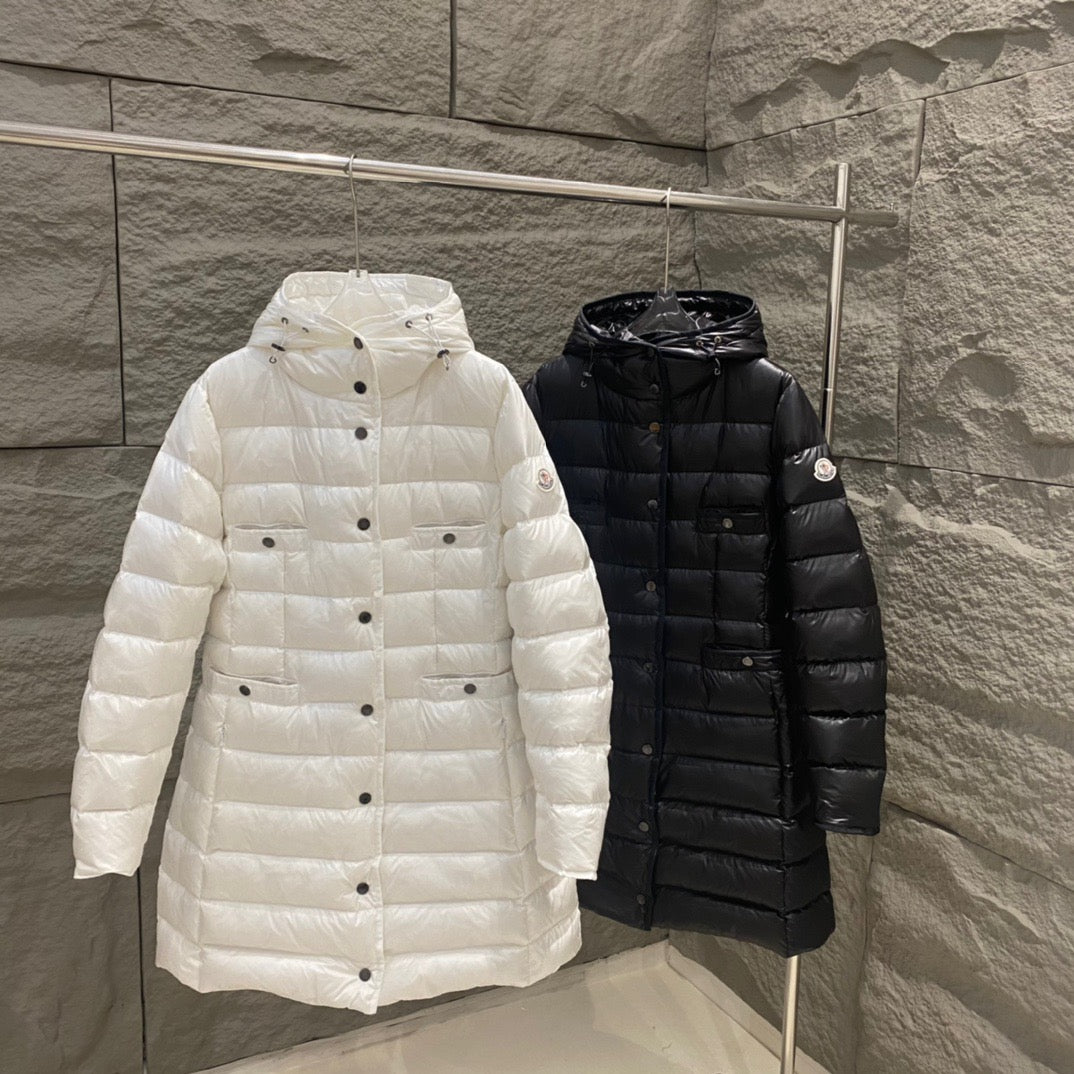 Hooded long puffer coat in white, quilted with button front