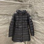 Black hooded long puffer coat with quilted panels and button front