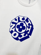 White T-shirt chest with blue abstract logo emblem