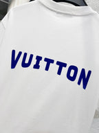 White T-shirt with blue 'VUITTON' lettering