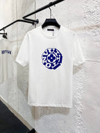 White T-shirt with blue circular logo graphic on the chest