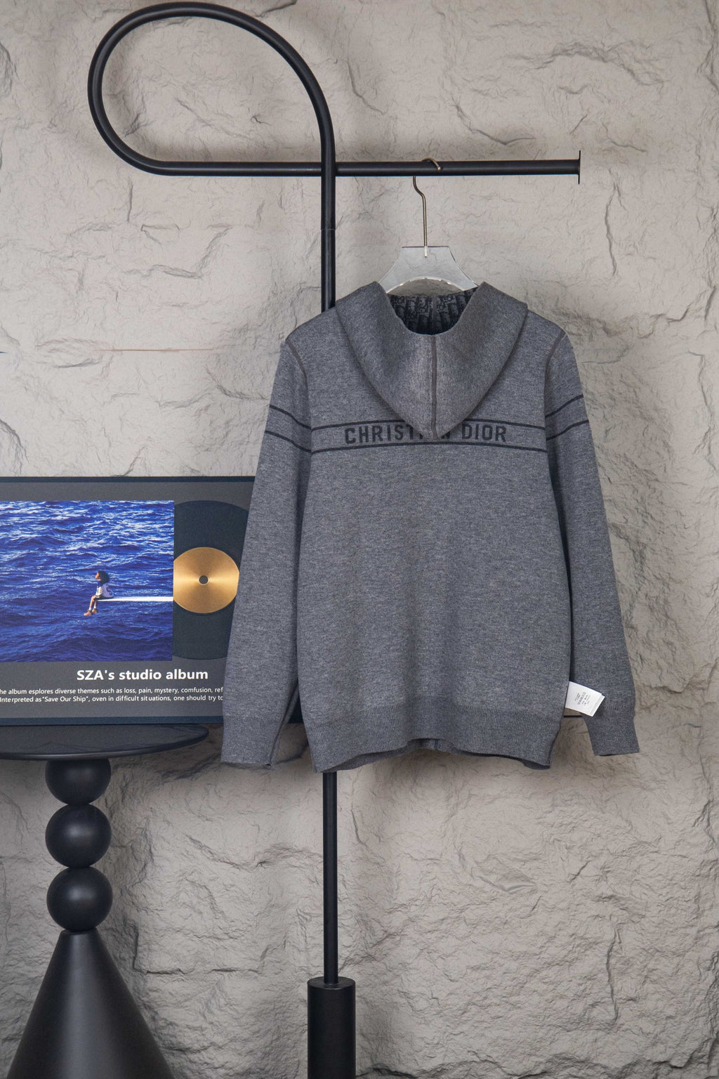 Gray Dior hooded sweatshirt with front zip and “CHRISTIAN DIOR” logo band