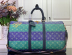 Men's duffel bag with green and purple monogram panels, top handles and zip closure