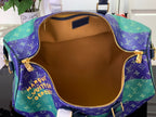Men's duffel bag open at top, tan interior lining, gold zipper and monogram exterior