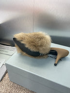 Light beige faux-fur slide sandal with slender stiletto heel, open back