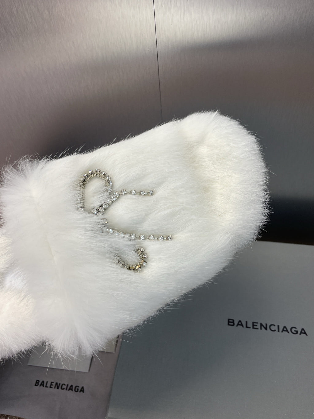 White fluffy slide sandal top with rhinestone bow and dangling charms