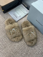 Fuzzy tan slide sandals with rhinestone bow and dangling rhinestones