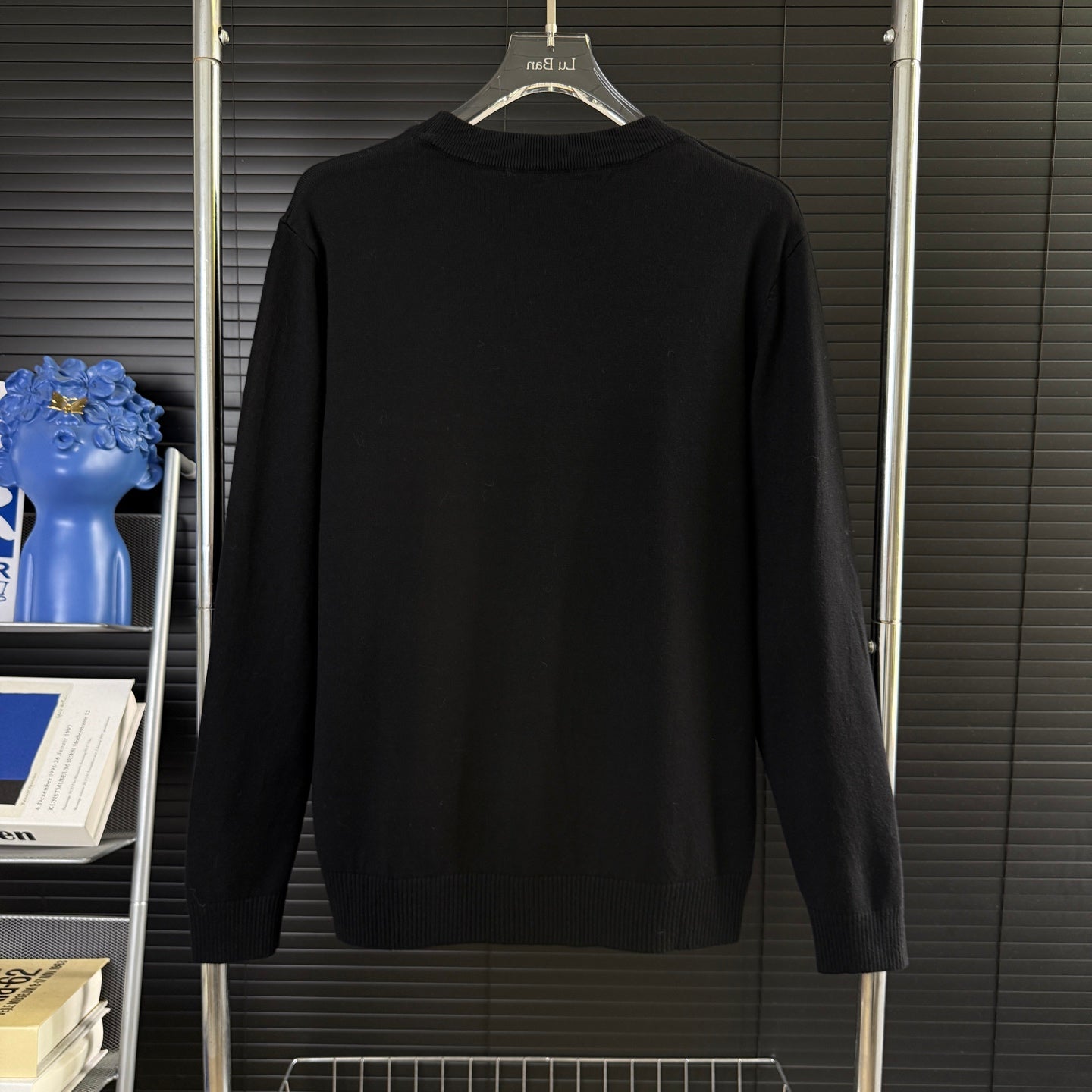 Black Moncler long-sleeve sweater, back view with ribbed crew neckline