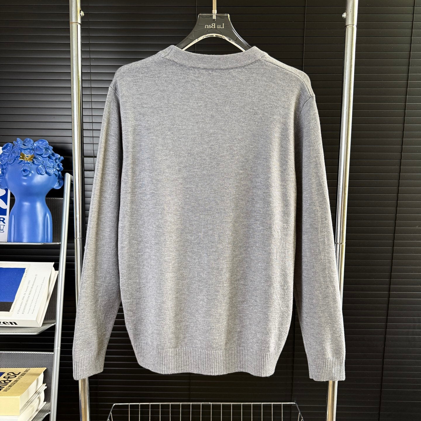 Gray crewneck knit sweater, long sleeves