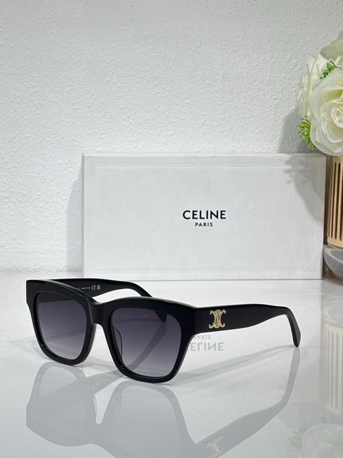Celine sunglasses with black square frames and dark lenses, gold logo on bridge