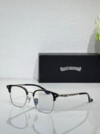 Chrome eyeglasses with black frames and clear lenses, angled side view