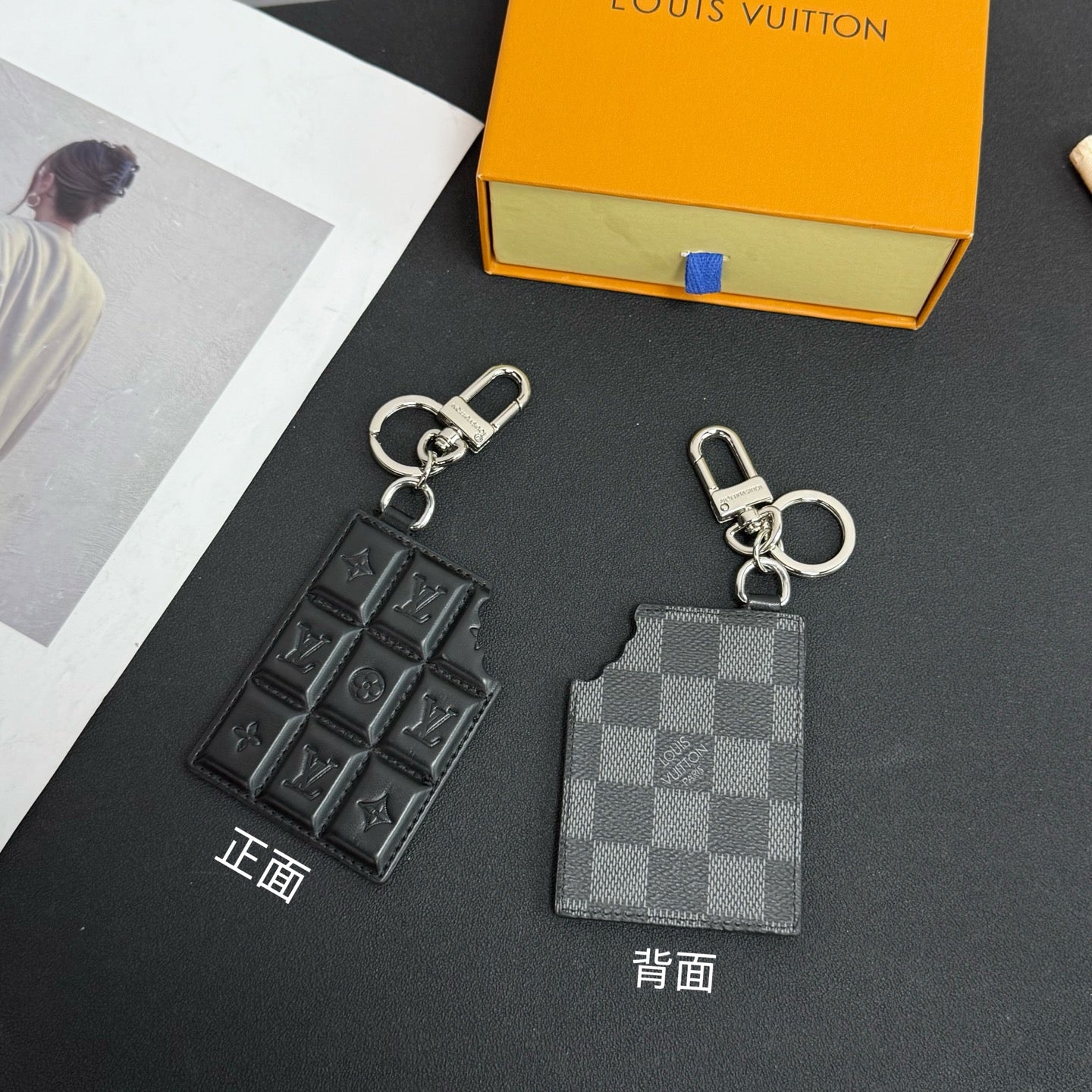 Louis Vuitton keychain charm set with black monogram and gray checker card, silver rings