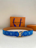 Louis Vuitton belt, blue monogram strap, tan edges, silver LV buckle
