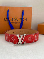 Louis Vuitton red monogram belt with silver-toned LV buckle