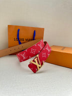 Louis Vuitton red monogram belt with gold LV buckle, folded strap
