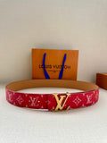 Louis Vuitton red monogram belt with gold-toned LV buckle