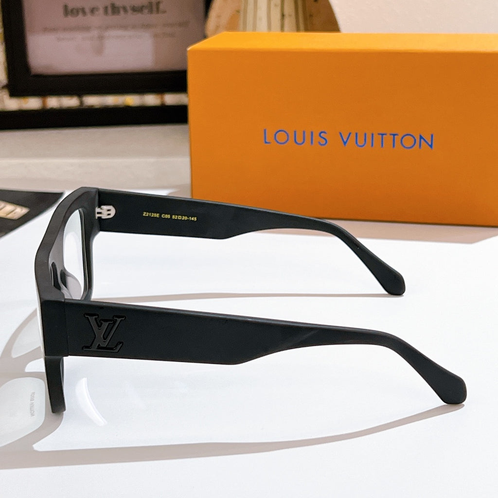 Louis Vuitton eyeglasses with black frames and LV logo on temple, side view, clear lenses
