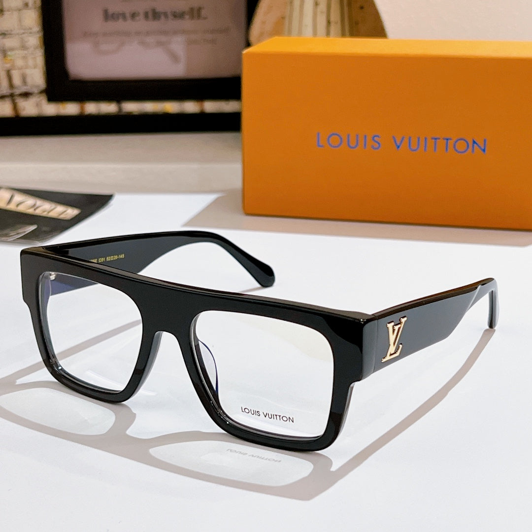 Louis Vuitton eyeglasses with dark frames and LV logo on temple, clear lenses