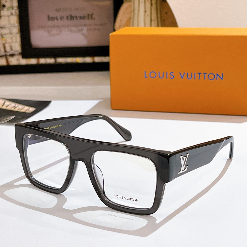 Louis Vuitton eyeglasses with dark frames and LV logo on temple, angled side view, clear lenses
