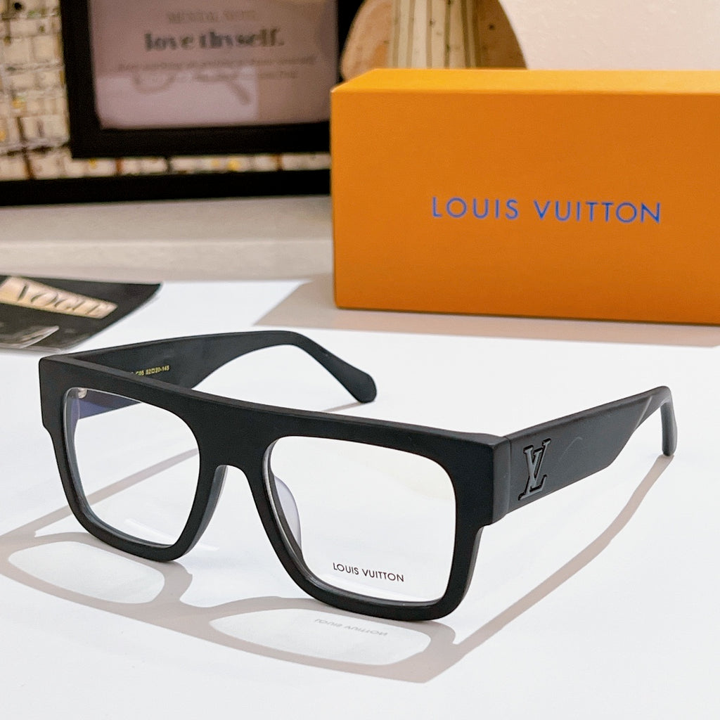 Louis Vuitton eyeglasses with black frames and LV logo on temple, front view, clear lenses