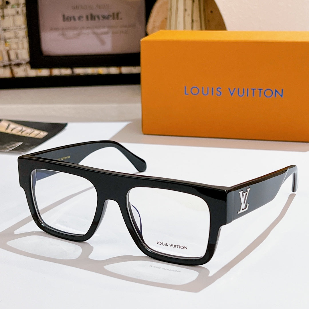 Louis Vuitton eyeglasses with black frames and LV logo on temple, front view, clear lenses