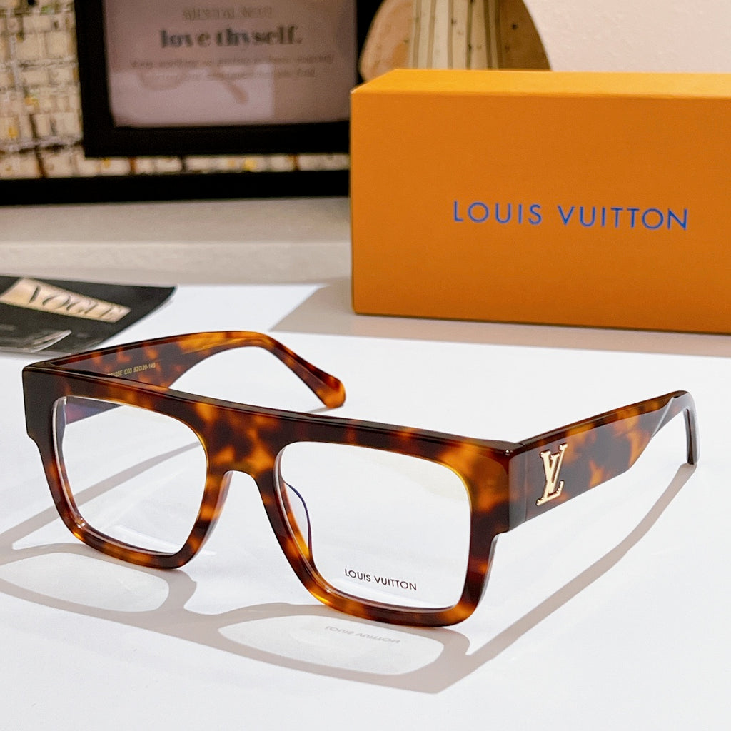 Louis Vuitton eyeglasses with tortoiseshell frames and LV logo on temple, clear lenses