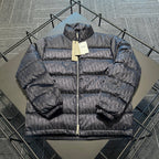 Dior long puffer jacket, gray-blue allover logo pattern, full zip front and hood.