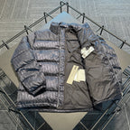 Dior long puffer jacket, quilted logo pattern, front zip and stand collar detail.