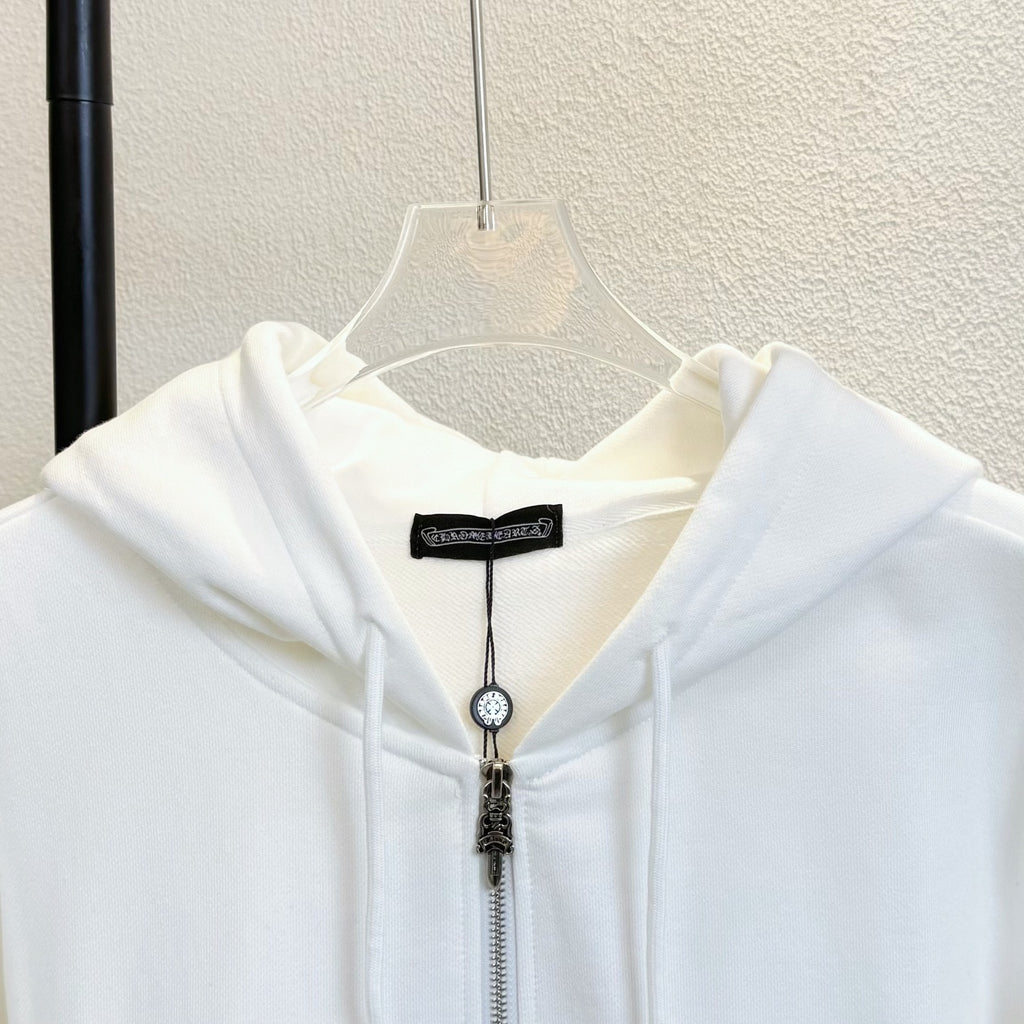 White zip hoodie with hood seam and metal zipper pull detail