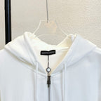 White zip hoodie with hood seam and metal zipper pull detail