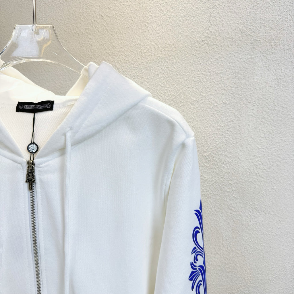 White zip hoodie with blue side sleeve graphic and hood zipper opening