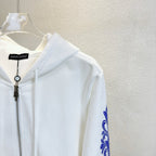 White zip hoodie with blue side sleeve graphic and hood zipper opening