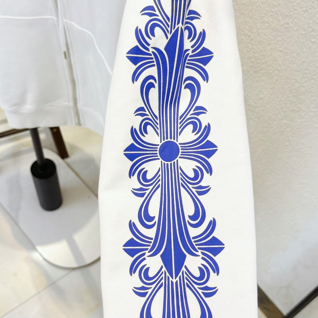 White hoodie sleeve with large blue floral line-art graphic
