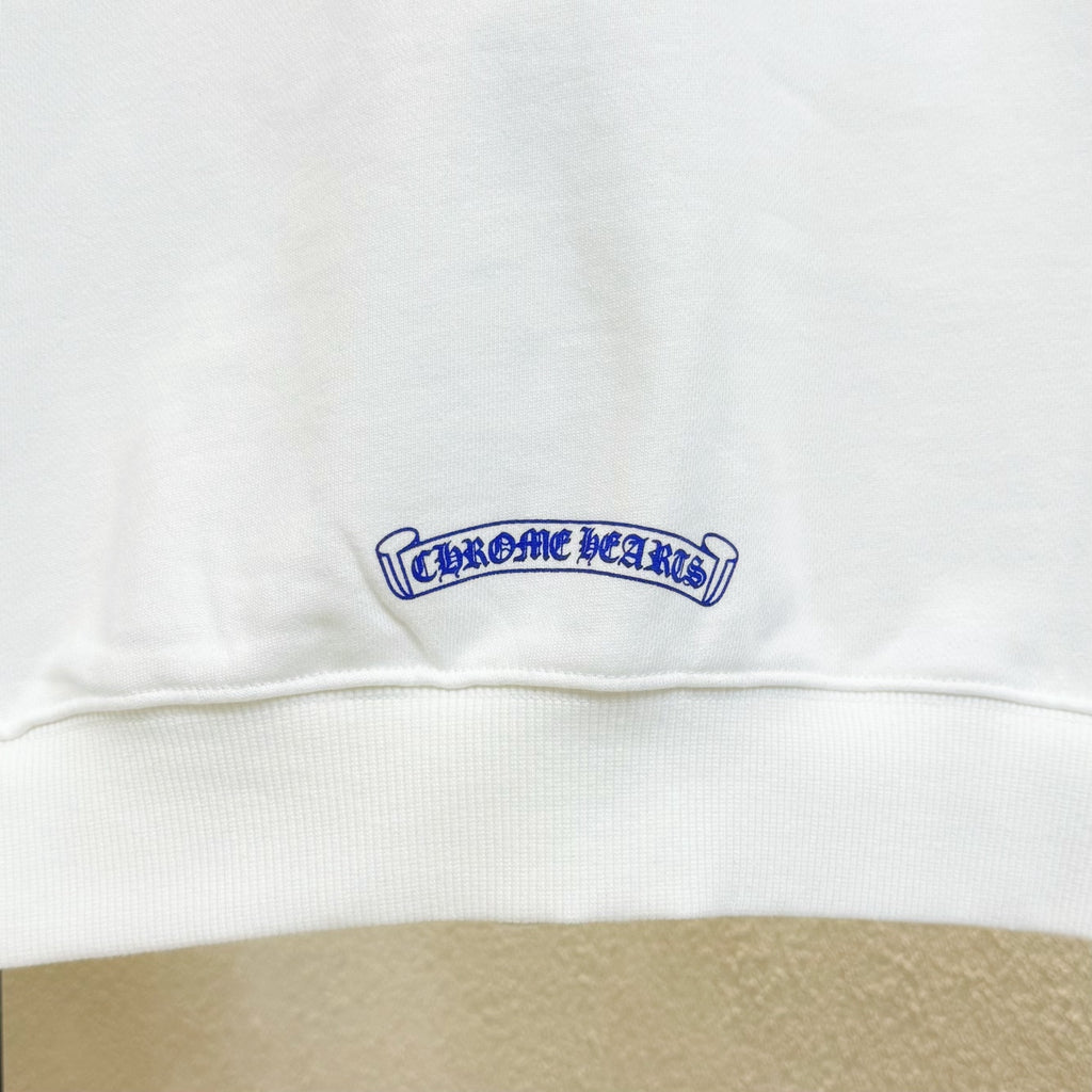 White hoodie hem logo patch with blue embroidered text